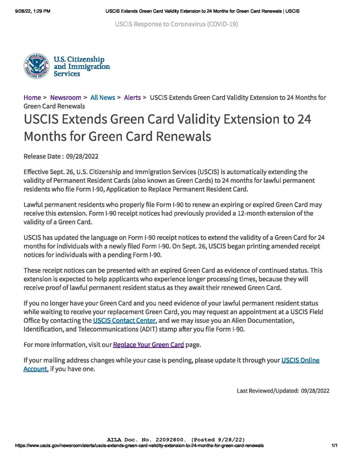 USCIS Extends Green Card Validity Extension Reeves